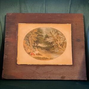 Antique Le Blond The Young Angler After George Baxter Wooden Oval Original Print